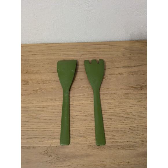 Salad Serving Set Kitchenware Olive Green Fork & Spoon Vintage - Picture 2 of 5